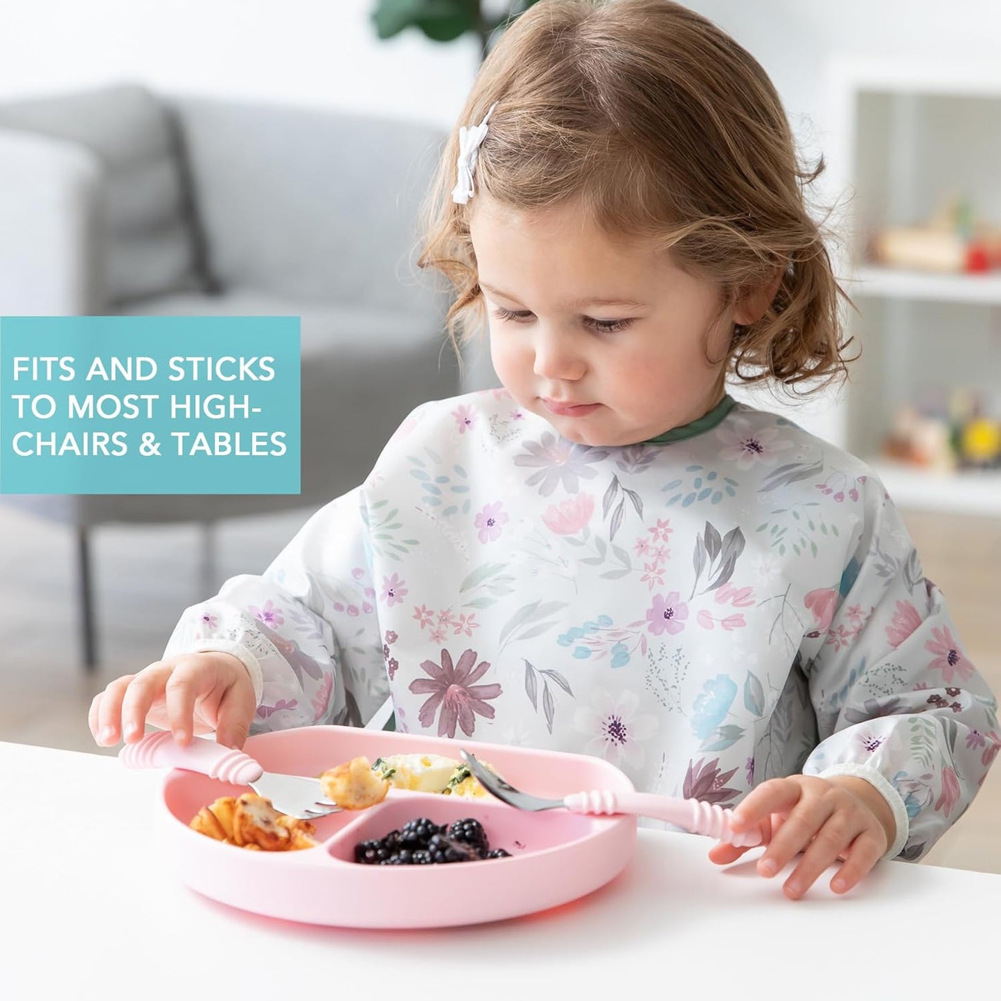 Bumkins Toddler and Baby Suction Plate, Divided Grip Dish for Babies and Kids, Baby Led Weaning, Feeding Supplies, Sticks to Tables and Highchairs, Platinum Silicone, for Chidren 6 Months, Gray