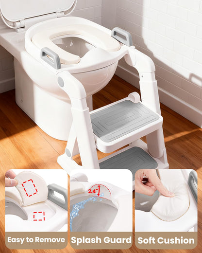 Potty Training Seat, Primlect Upgrade Ultra-Stable Toddler Toilet Seat for Kids Boys Girls, 2 in 1 Potty Training Toilet with Step Stool, Adjustable Seat and Ladder, Non-Slip Pad, Splash Guard (Grey)