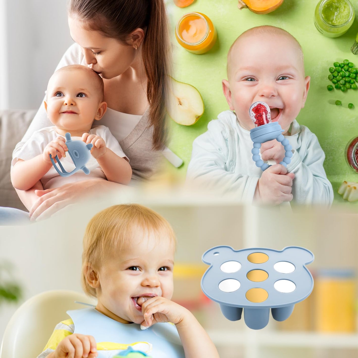 3-in-1 Baby Food & Fruit Feeder Set – Breastmilk Popsicle Mold with Freezer Tray, Teething Relief Toy, BPA Free Infant Silicone Feeding Combo, 3 Bonus Sizes (S/M/L) Sacs (Olive Green)
