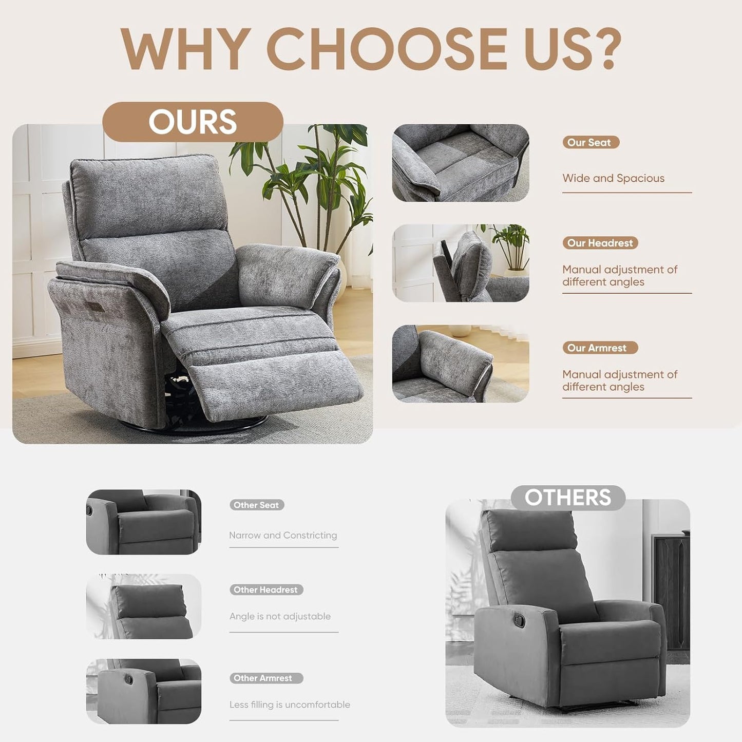 Oversized Swivel Rocker Recliner with Adjustable Headrest, Rocking Chair Nursery with Overstuffed Armrest, Manual Rocker Recliner Nursery Chair for Living Room, White
