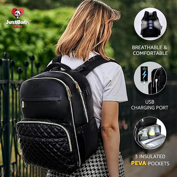 Large PU Leather Diaper Bag Backpack Set (3-Piece) – Baby Bag with Large Changing Pad, Insulated Warm/Cool Bottle Pockets Organization, Newborn Essentials Travel Gift for Mom & Dad, Best Baby Shower