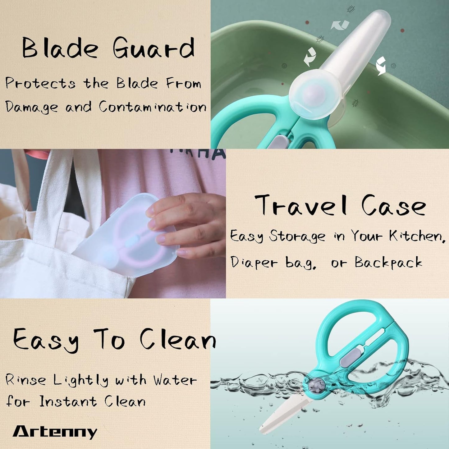 Baby Food Scissors with Travel Case, Ceramic Food Scissors Kids, Toddler Scissor with Safety Lock, Ideal for Pizza, Meats, Noodles, Vegetables, and Fruits (C)