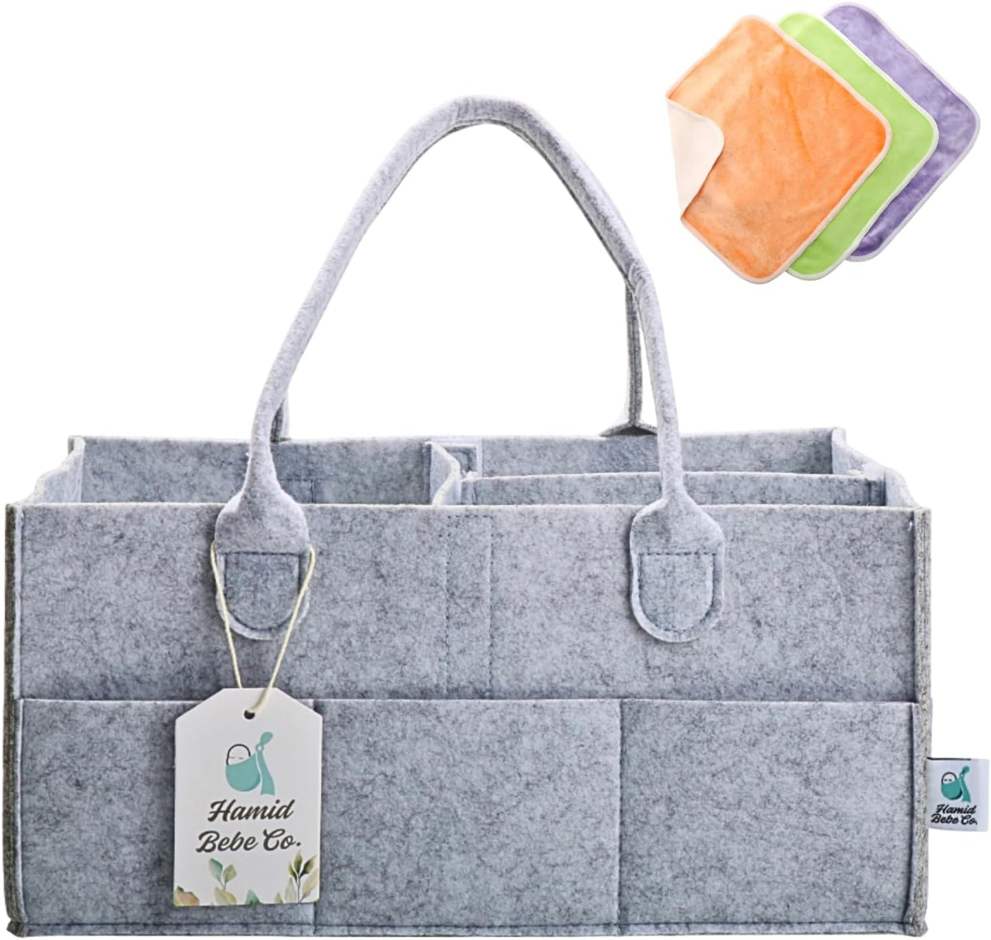 Hamid Baby Diaper Caddy Organizer – Includes Infant Face Cleaning Towel – Large Portable Nursery Storage Basket with 3 Compartments, 8 Pockets, Removable Dividers – Car, Travel Diaper Bag - Grey