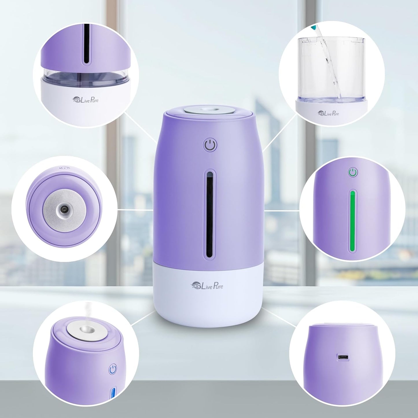LivePure Cool Mist Humidifiers for Bedroom. Small Humidifier for Babies, Nursery, Plants, Office. Ultrasonic Cool Mist Humidifier w/Quiet Operation, USB-C Rechargeable. Rose Quartz