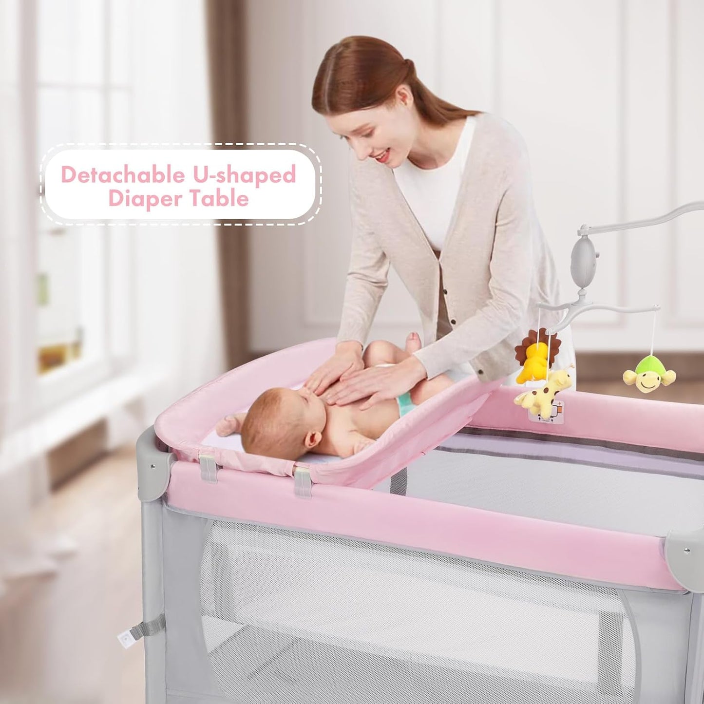 SIMPLGIRL 5-in-1 Baby Bassinet Bedside Crib, Pack and Play Long Next to Parents Bed Crib, Foldable Playard, Playpen Travel Bed Nursery Center for Girl Boy Infant Newborn