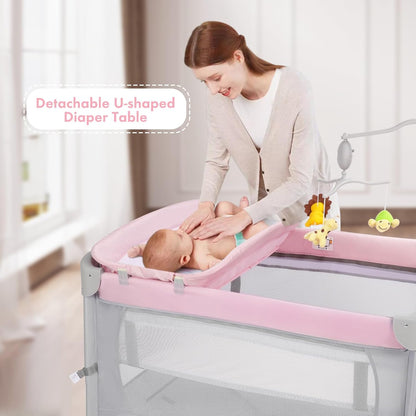 SIMPLGIRL 5-in-1 Baby Bassinet Bedside Crib, Pack and Play Long Next to Parents Bed Crib, Foldable Playard, Playpen Travel Bed Nursery Center for Girl Boy Infant Newborn