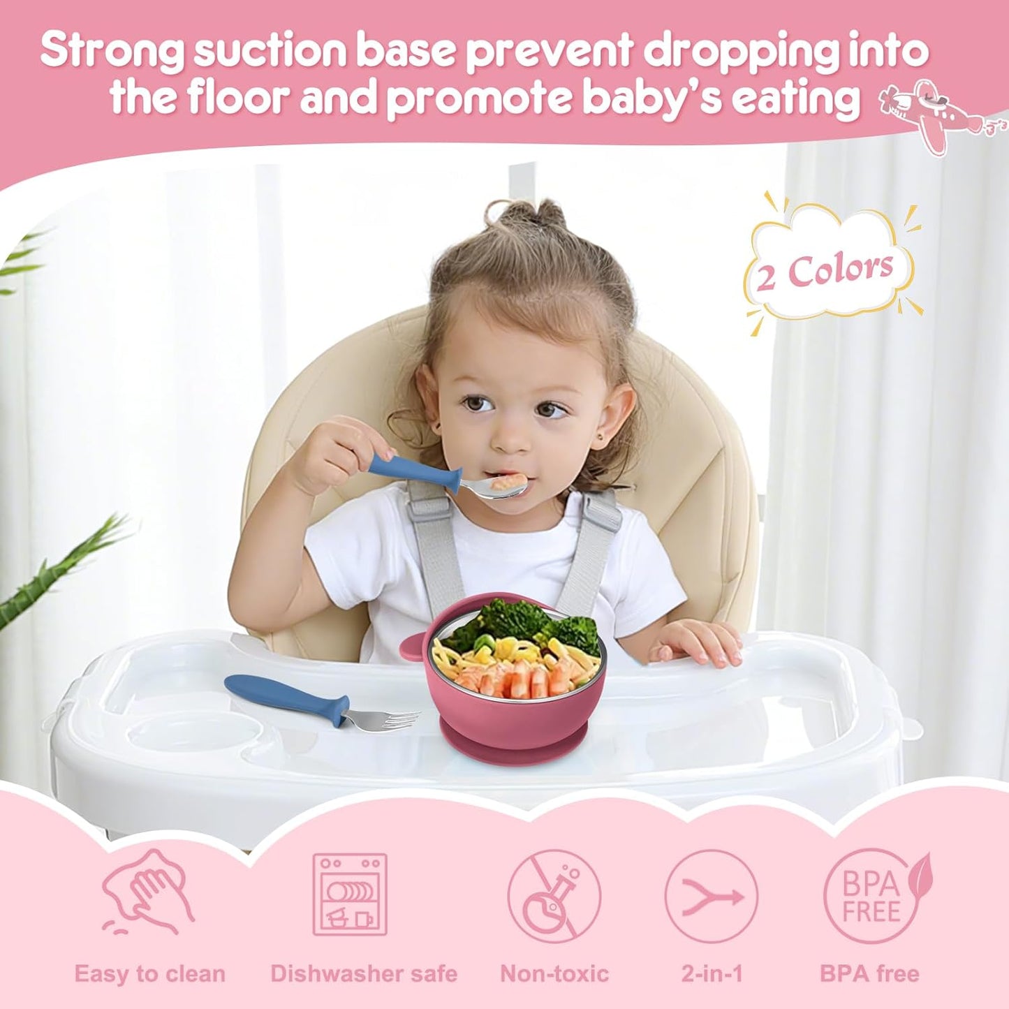 2 Pack Stainless Steel Baby Bowls with Suction, Toddler Bowls with Removable Silicone Shell for Kids, Non-Slip Toddler Baby Feeding Set Dishwasher Safe-Gray & Blue