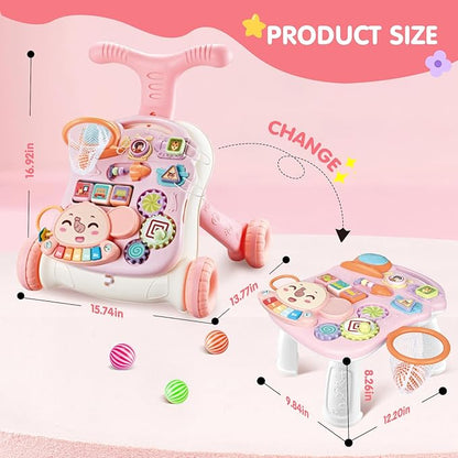AuntyFey Baby Walker, 3 in 1 Push Walker for Baby Girls Boys, Baby Walking Toy for 1 Year Old Learning to Walk, Sit to Stand Baby Walker Push Toy for Girl 12 Months, Pink