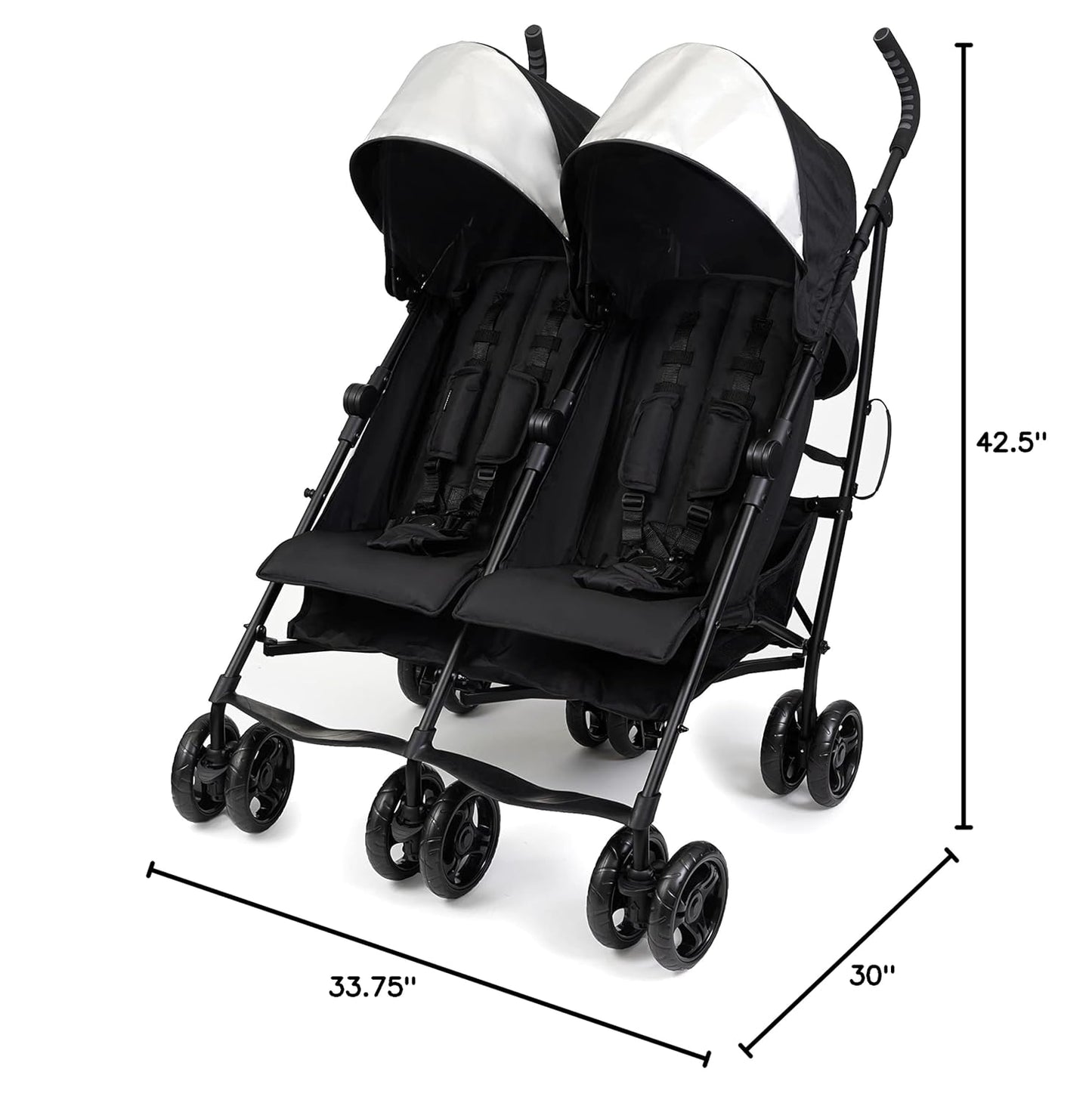 Summer Infant 3Dlite Folding Lightweight Side by Side Double Stroller with 5-Point Safety Harness for Infants and Toddlers, Black