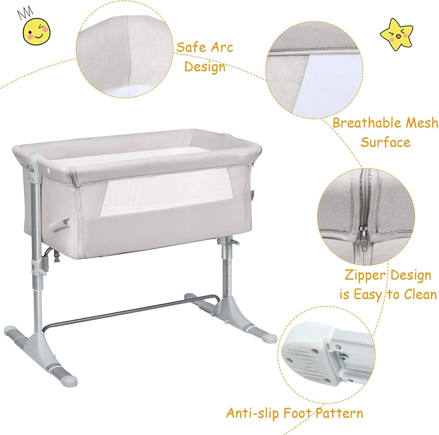 BABY JOY Baby Bedside Crib, Portable Travel Sleeper Bed Side Bassinet w/Carrying Bag, Newborn Bassinet to Infant, Kids Crib with Detachable Mattress, Height Adjustable Design, Breathable Mesh, Grey