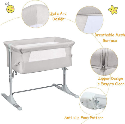 BABY JOY Baby Bedside Crib, Portable Travel Sleeper Bed Side Bassinet w/Carrying Bag, Newborn Bassinet to Infant, Kids Crib with Detachable Mattress, Height Adjustable Design, Breathable Mesh, Grey