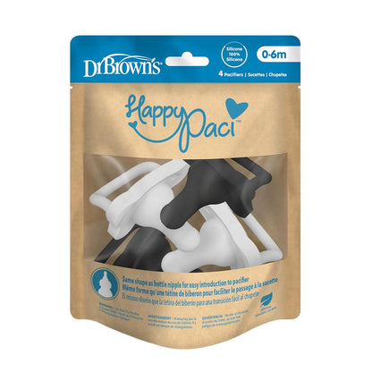 Dr. Brown's HappyPaci 100% Silicone Baby Pacifier, Contoured One-Piece Design, Black/Gray/White, 0-6m, BPA-Free, 4-Pack
