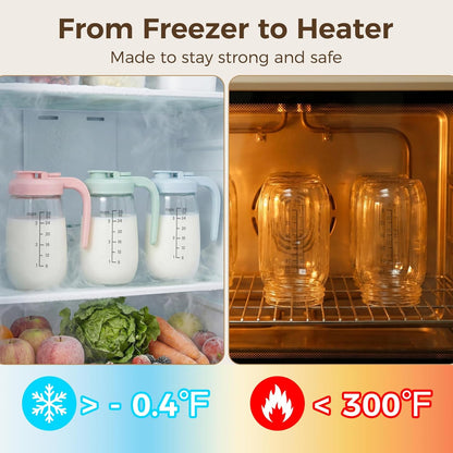 2 Pack Breast Milk Pitcher 32 OZ, Heat & Cold Resistant, Sudden Temperature Safe, Fast Baby Formula Maker with Wide Mouth, No Leak Glass Fridge Storage Container for Juice, Cold Brew-Blue, Pink