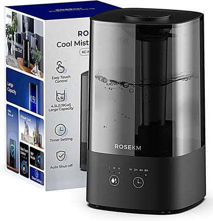 ROSEKM Humidifiers for Bedroom, 2.0L Cool Mist Humidifier for Home Plant and Baby Nursery, Quiet Ultrasonic Humidifier with 360° Nozzle, Auto Shut-Off, Filterless, Black