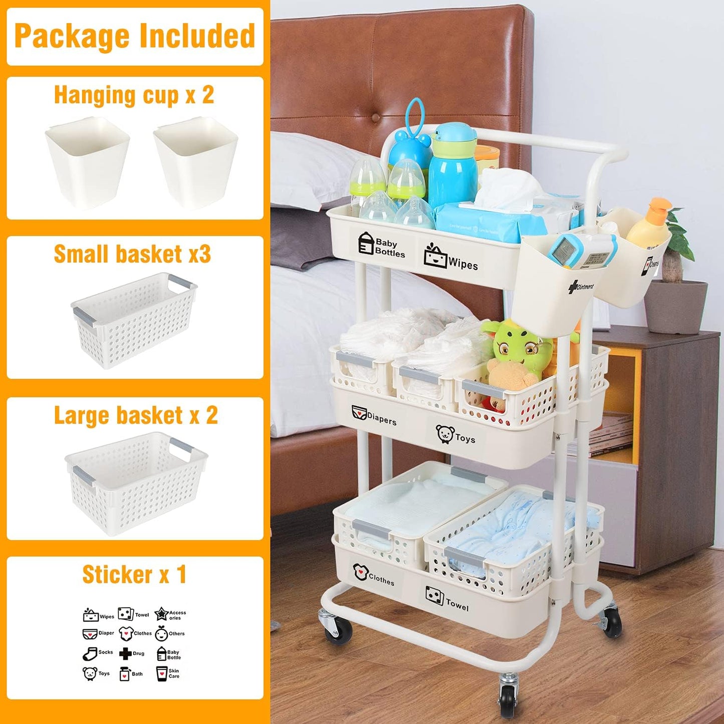 Baby Diaper Caddy Organizer Cart, 3-Tier Mobile Utility Rolling Cart with Baskets and Hanging Cups, Large Capacity Baby Essentials Storage Cart for Nursery, Changing Table & Crib, Easy to Assemble