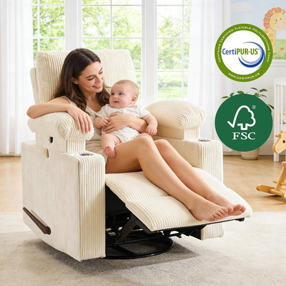 Rocking Chair Nursery with Adjustable Armrest for Breastfeeding, Glider Recliner Nursery Chair with Massage and Heat, Power Swivel Rocker Recliner with Adjustable Headrest, Corduroy, Beige