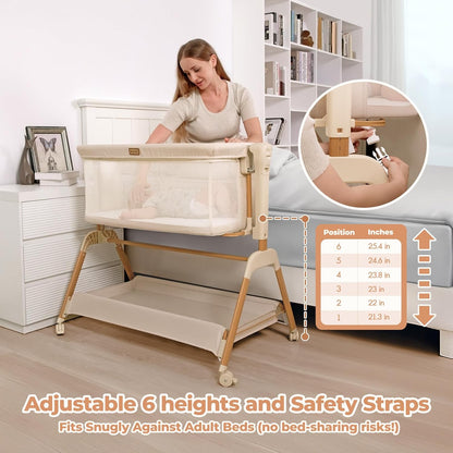 Ezebaby Baby Bassinet Bedside Sleeper: 3-in-1 Rocking Bassinet for Baby - Breathable Full-Mesh Crib with Mattress | 6 Height Adjustable | Portable Crib with Lockable Wheels for Newborns