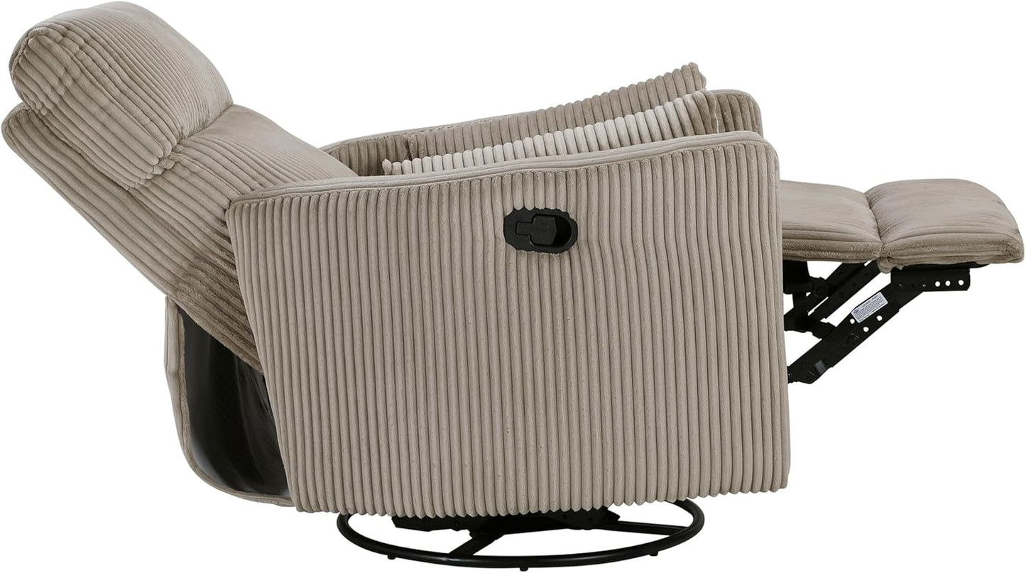 Lexicon Modern Swivel Glider Recliner Chair, Nursery Glider, Corduroy Fabric Upholstery Recliner with 2 Lumbar Pillows, Manual Reclining Sofa Chair for Living Room/Office/Apartment, Beige