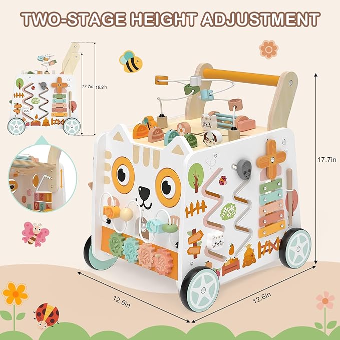 Wooden Baby Walker, Baby Push Walker with Wheels, 16-in-1 Montessori Activity Center Bead Maze Shape Sorter Xylophone, Height Adjustable Walking Toy 12+ Months, 1 Year Old Birthday Gifts Boys Girls