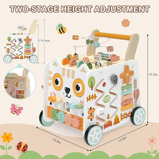Wooden Baby Walker, Baby Push Walker with Wheels, 16-in-1 Montessori Activity Center Bead Maze Shape Sorter Xylophone, Height Adjustable Walking Toy 12+ Months, 1 Year Old Birthday Gifts Boys Girls