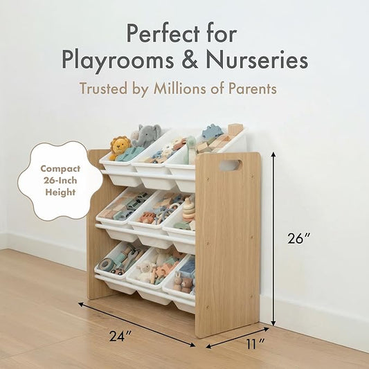Humble Crew 9-Bin Toy Organizer – Journey Natural Wood with White Plastic Bins, 3-Tier Storage Solution for Kids' Playrooms and Nurseries