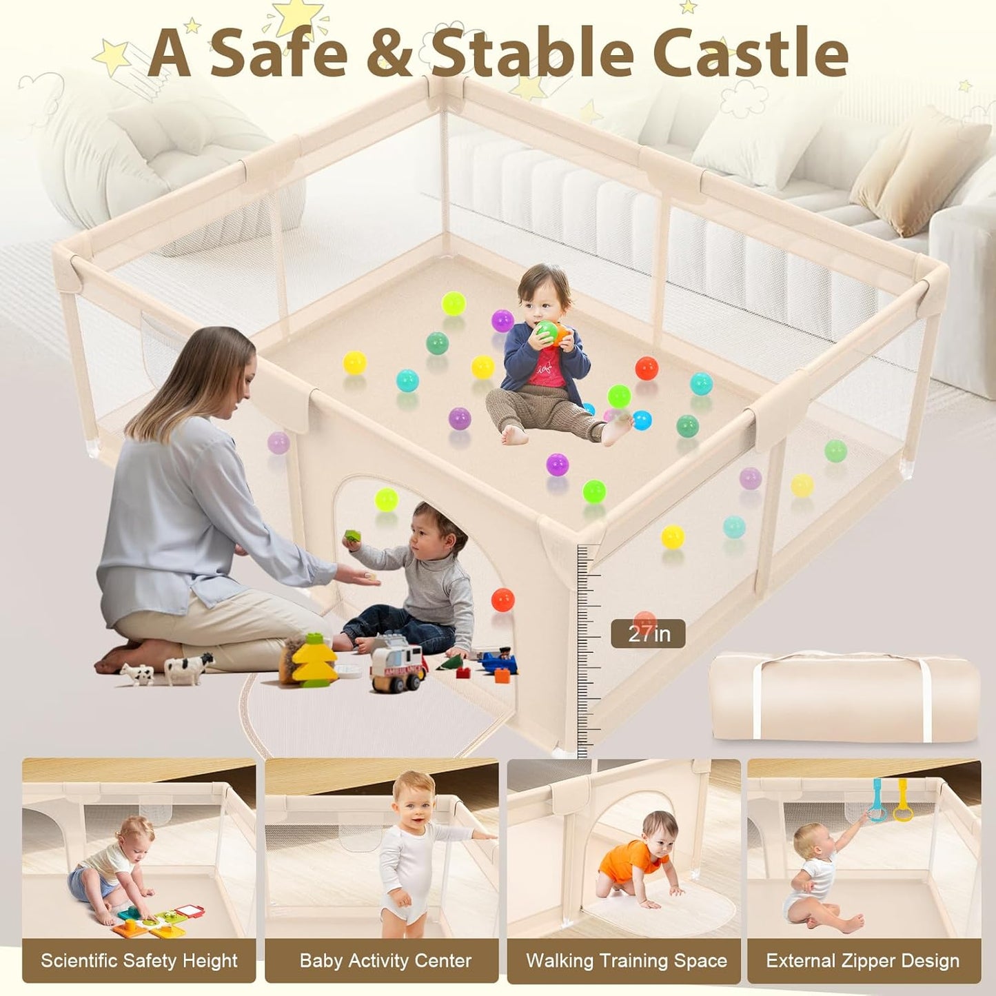 Baby Playpen with Mat 79x71inch - Extra Large Play Pen for Babies and Toddlers Indoor & Outdoor Baby Playard with Soft Breathable Mesh Cover - Sturdy Foam Infant Gate Playpen(Apricot)