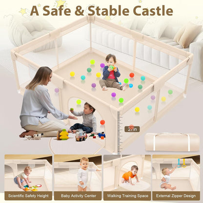 Baby Playpen with Mat 79x71inch - Extra Large Play Pen for Babies and Toddlers Indoor & Outdoor Baby Playard with Soft Breathable Mesh Cover - Sturdy Foam Infant Gate Playpen(Apricot)