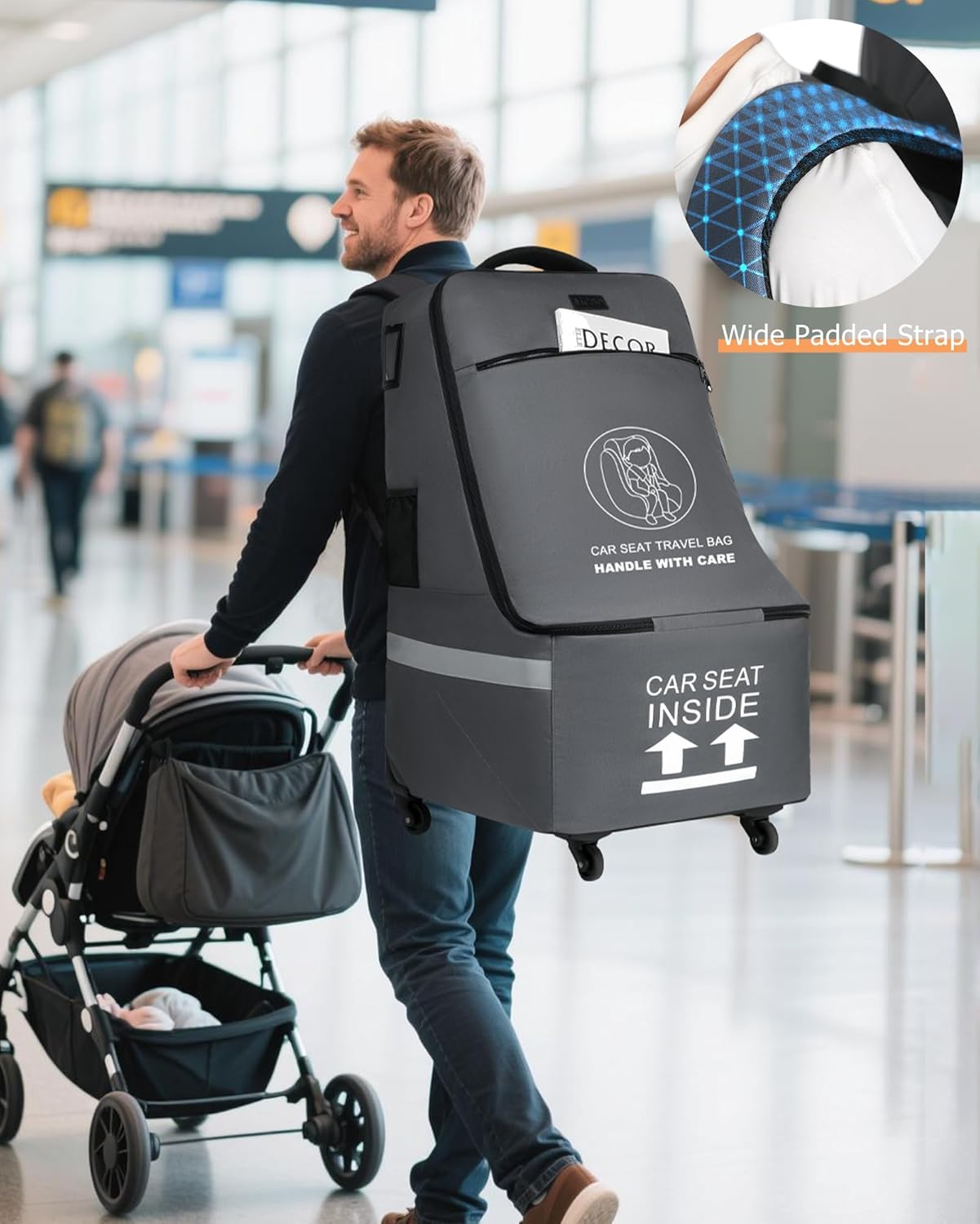 MCBD Car Seat Travel Bag for Airplane, Foldable Baby Carseat Backpack for Travel Padded Carseat Carrier for Airport Gate Check, Infant Stroller Cover with Reflective Strips