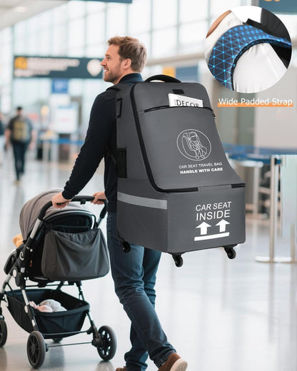 MCBD Car Seat Travel Bag for Airplane, Foldable Baby Carseat Backpack for Travel Padded Carseat Carrier for Airport Gate Check, Infant Stroller Cover with Reflective Strips