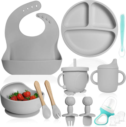 Bluet B- Silicone Baby Feeding Set with Pacifier - Baby Led Weaning Supplies - Baby Spoons, Suction Bowl - Plate - Baby Utensils Set - Silicone Feeding Set for Baby First Foods - 11pcs - Purple