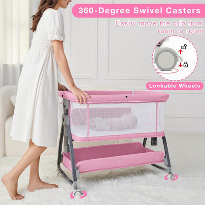 Jixrolyn 3 in 1 Baby Bassinet Bedside Sleeper, Height Adjustable Bedside Bassinet for Newborn and Infant with Mattress, Storage Basket, and Wheels (Grey)