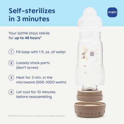 MAM Easy Start Anti-Colic Baby Bottle & Pacifier Set, 5 Self Sterilizing Bottles (3X 5oz, 2X 9oz) & 3 Original Pacifiers 0–16 Months + Extra Nipples, Newborn Feeding Gift Set