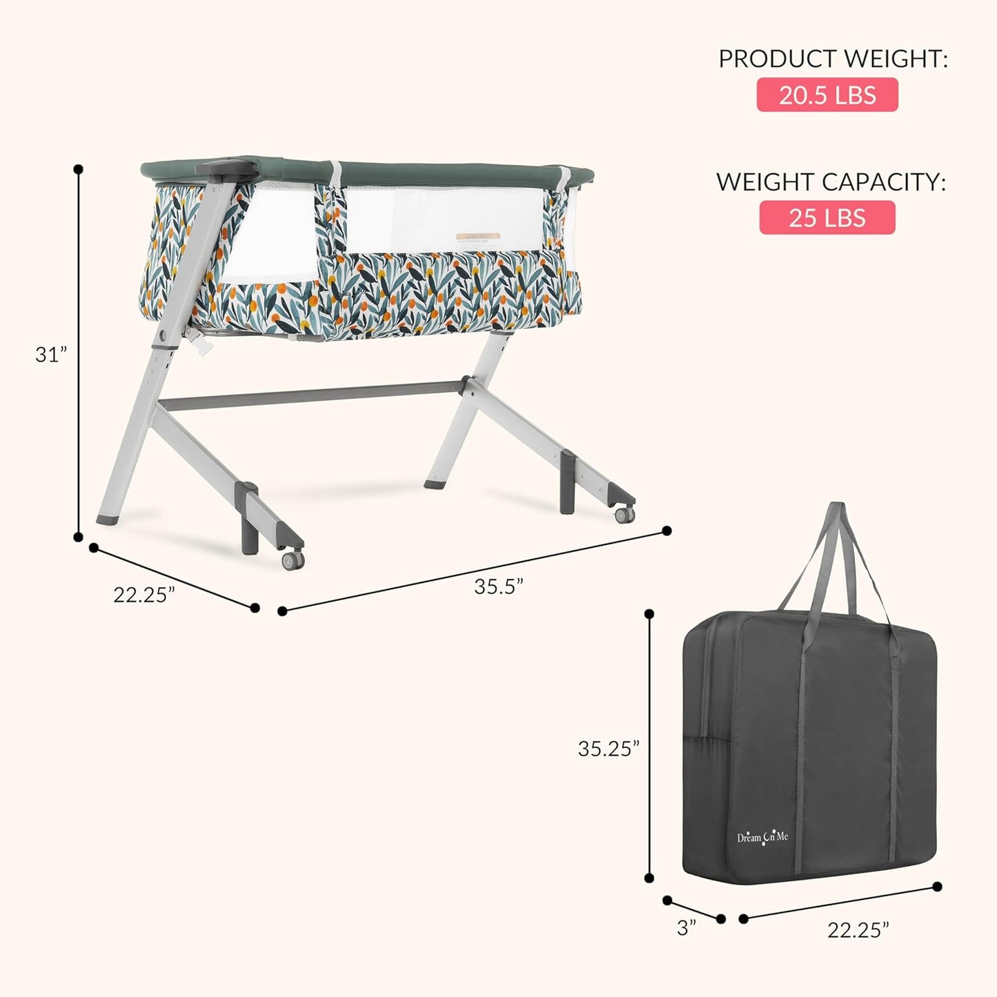 Dream On Me Skylar Bassinet and Bedside Sleeper, Adjustable Heights, Breathable Mesh Sides, Plush Mattress Pad, Wheels with Safety Locks & Tool-Free Assembly, Compact Fold & Travel Bag - Pink