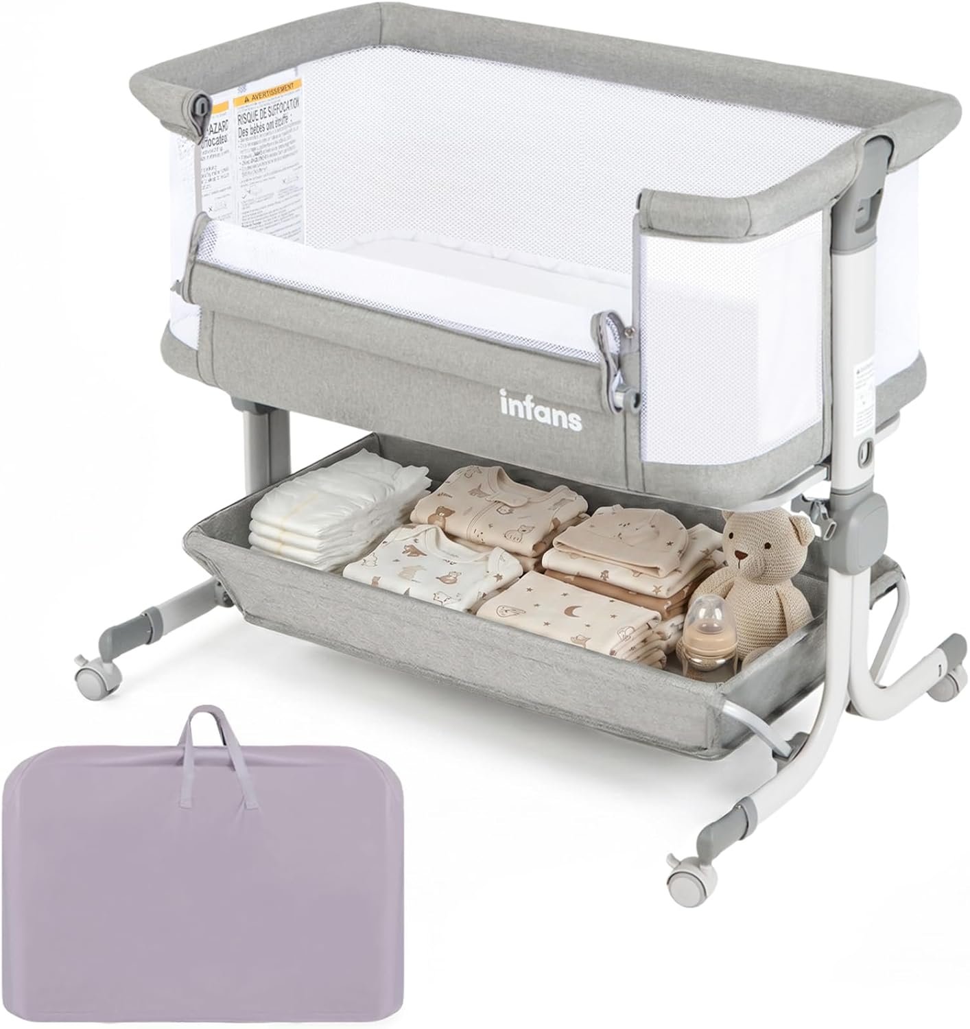 INFANS 3 in 1 Baby Bassinet, Bedside Sleeper with Comfy Mattress, Wheels, 6 Height Adjustable, Storage Basket, Travel Bag, Portable All Mesh Crib for Newborn Infant (Dark Grey)