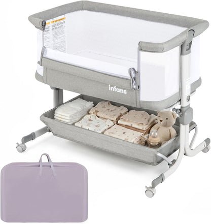 INFANS 3 in 1 Baby Bassinet, Bedside Sleeper with Comfy Mattress, Wheels, 6 Height Adjustable, Storage Basket, Travel Bag, Portable All Mesh Crib for Newborn Infant (Dark Grey)