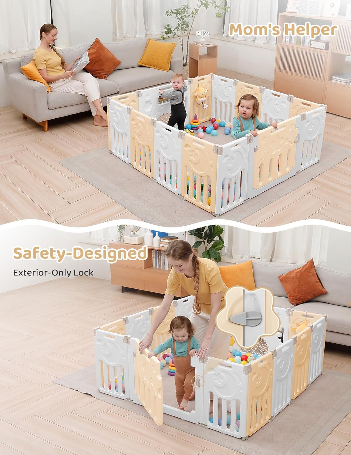 Baby Playpen, Dripex Baby Playard for Babies and Toddlers, 14-Panel Foldable Playpen Adjustable Portable Play Area, Indoor/Outdoor Kids Active Center with Game Panel & Safety Gate, Grey White