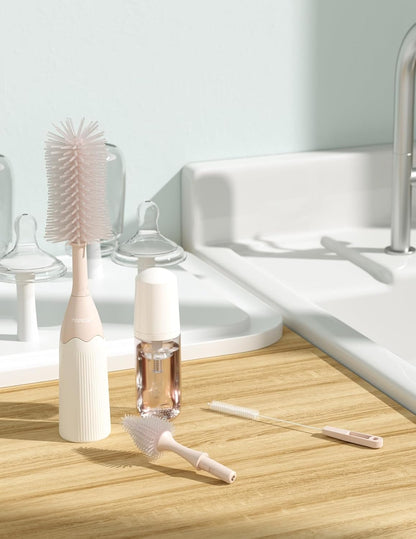 Momcozy Bottle Brush Set - Baby Bottle Cleaner Kit with Silicone Brush, Nipple Brush, Straw Brush, Soap Dispenser, Drying Rack - 7 in 1 Bottle Cleaning Tool for Home and Travel, Green