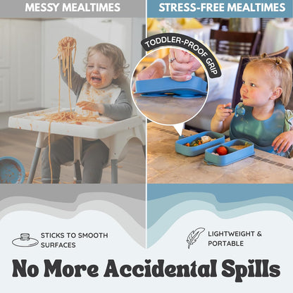 Baby Travel Essentials 6 Pc Silicone Feeding Set - Portable Toddler Plates with Suction, Baby Spoons & Foldable Bib in Carrying Case - BPA-Free Infant & Toddler Utensils for Airplanes & Eating Out