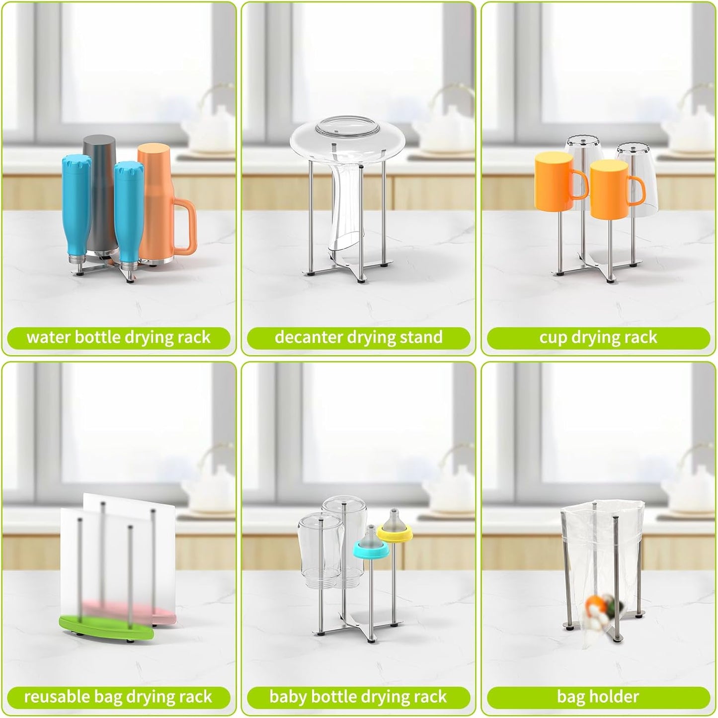 Reusable Bag & Bottle Drying Rack, Baby Bottle Drying Rack, Collapsible Cup Drying Rack for Glass, Mugs -Stainless Steel Countertop Organizer