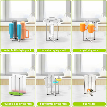Reusable Bag & Bottle Drying Rack, Baby Bottle Drying Rack, Collapsible Cup Drying Rack for Glass, Mugs -Stainless Steel Countertop Organizer