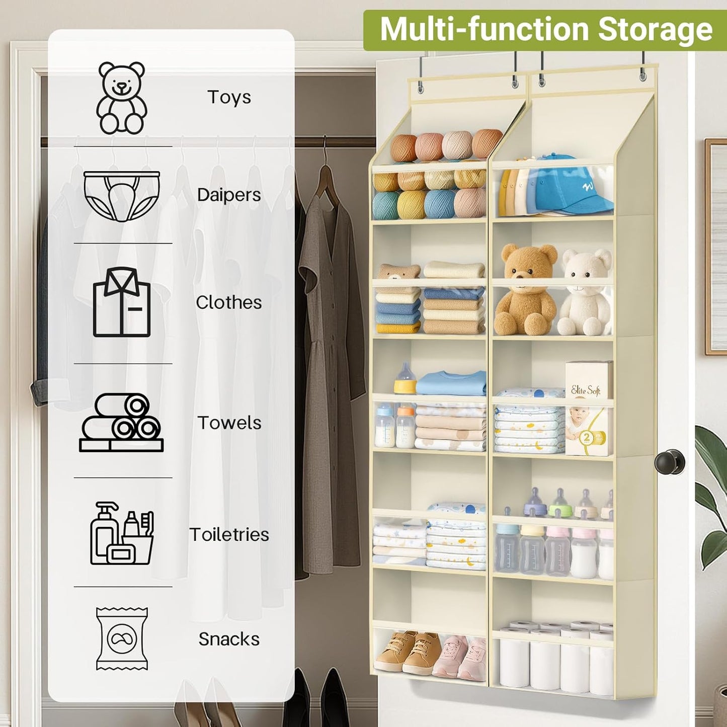 AOODA 2 Pack Over the Door Organizer, Large Capacity Closet Door Hanging Organizer, Clear Deep Pockets Baby Storage for Nursery, Bathroom, Bedroom, Pantry, Diapers (Light Yellow)
