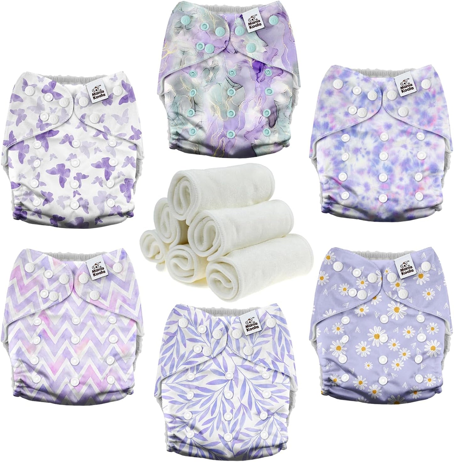 Mama Koala 3.0 Pocket Cloth Diapers for Babies with AWJ Lining, 6 Pack with 6 4-Layer Natural Cloth Diaper Inserts - Reusable and Washable Pocket Diapers(Hardworking Bees) - Colors A
