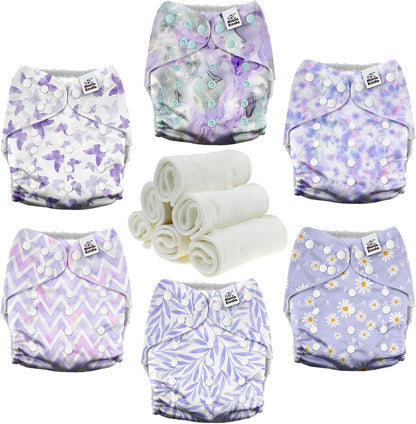 Mama Koala 3.0 Pocket Cloth Diapers for Babies with AWJ Lining, 6 Pack with 6 4-Layer Natural Cloth Diaper Inserts - Reusable and Washable Pocket Diapers(Hardworking Bees) - Colors A