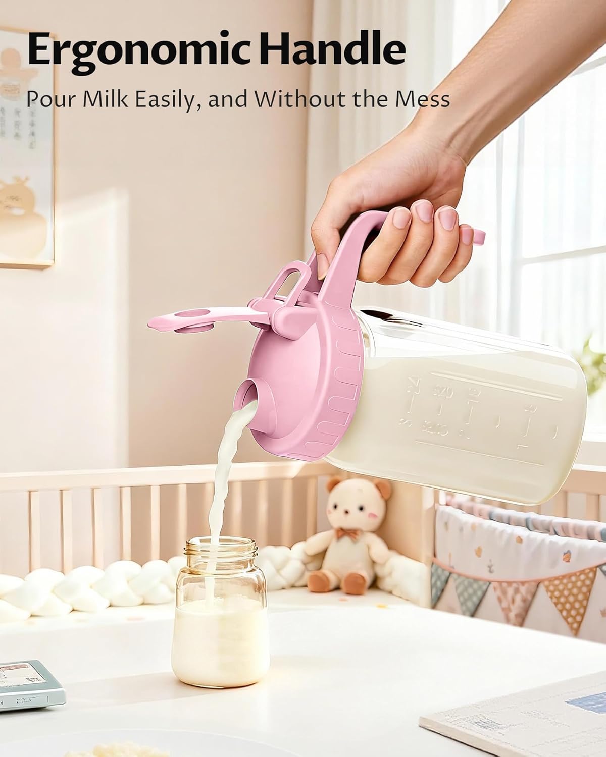 64oz Glass Breast Milk Pitcher with Lid & Pour Spout, 2 Quart Airtight Leakproof BreastMilk Fridge Storage Container - Wide Mouth, Dishwasher Safe Formula Pitcher with Handle