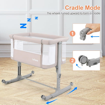 INFANS 3 in 1 Baby Bassinet, Bedside Sleeper for Newborn, Folding Crib with Mattress, Travel Bag, Wheels, 4-Sided Mesh, Easy to Assemble Cradle Co Sleeper Stationary, Rock (Dark Grey)