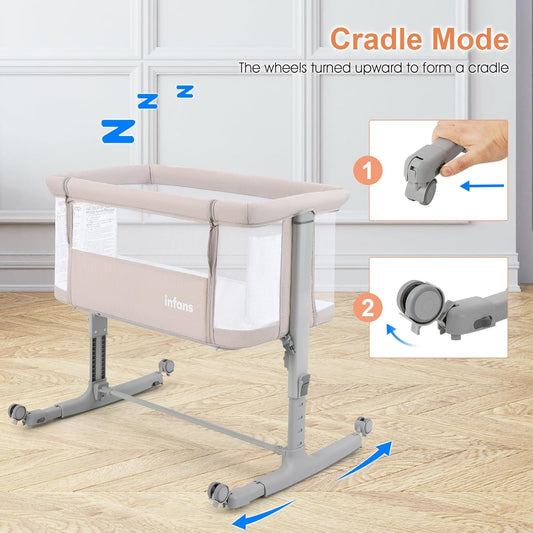 INFANS 3 in 1 Baby Bassinet, Bedside Sleeper for Newborn, Folding Crib with Mattress, Travel Bag, Wheels, 4-Sided Mesh, Easy to Assemble Cradle Co Sleeper Stationary, Rock (Dark Grey)