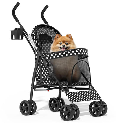 MoNiBloom 4 Wheels Pet Stroller, Easy-Fold Puppy Cage Jogger Stroller with Sun Cover, Pad and Rear Storage Bag, Breathable and Visible Mesh for Small/Medium Pets up to 22 lbs, Black