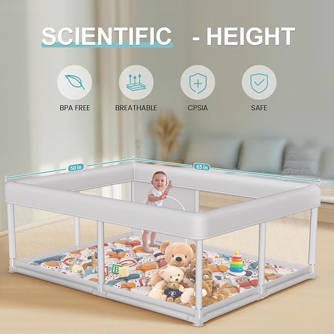 Hiaksedt Baby Playpen with Mat 65 x 50 Inch, PlayPen for Babies and Toddlers, Sturdy Safety Play Yard for Indoor & Outdoor with Zipper Gates