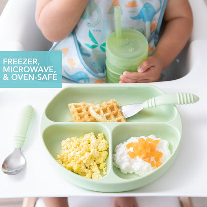 Bumkins Toddler and Baby Suction Plate, Divided Grip Dish for Babies and Kids, Baby Led Weaning, Feeding Supplies, Sticks to Tables and Highchairs, Platinum Silicone, for Chidren 6 Months, Gray