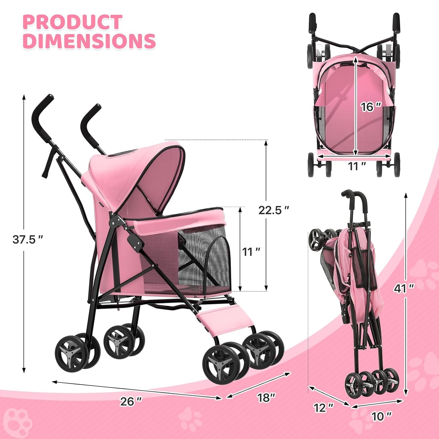 Magshion Compact Pet Stroller for Small-Medium Dogs/Cats up to 22lbs, 4-Wheel Lightweight Umbrella Shaped Portable Puppy Travel Jogger with Breathable Mesh, Cup Holder & Rear Storage, Black